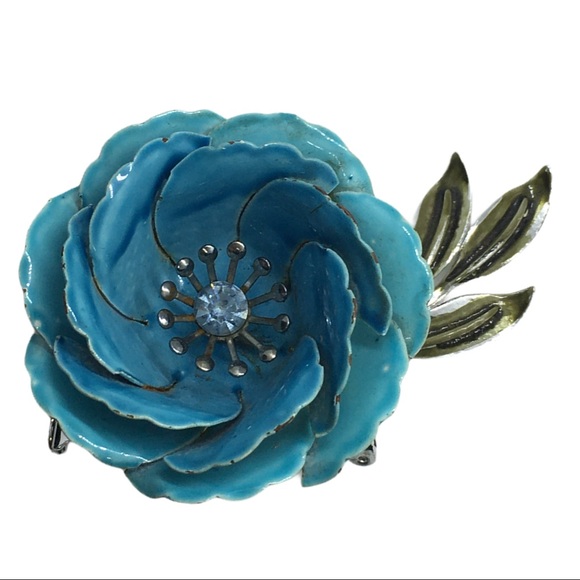 Signed Coro Large Blue Enamel Rhinestone Brooch - Picture 2 of 7